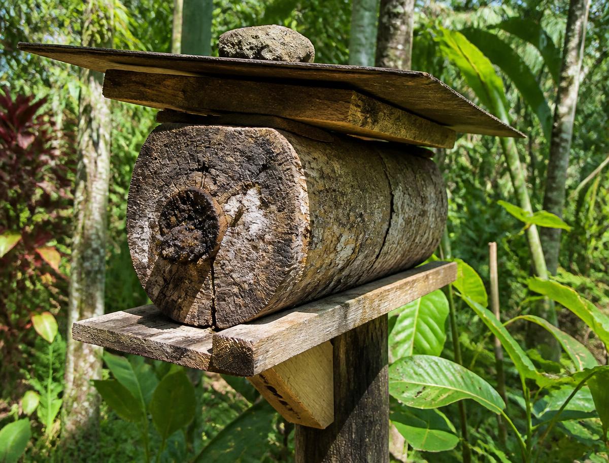 Jobón de tronco con colmena de abeja melipona en la selva de Quintana Roo
